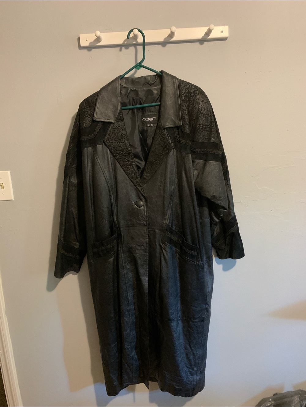 Black Leather Long Coat with Embossed Details